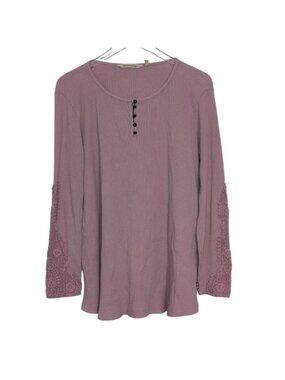 Soft Surroundings Waffle Knit Henley Womens Size XL Lilac Crochet Lace Thermal